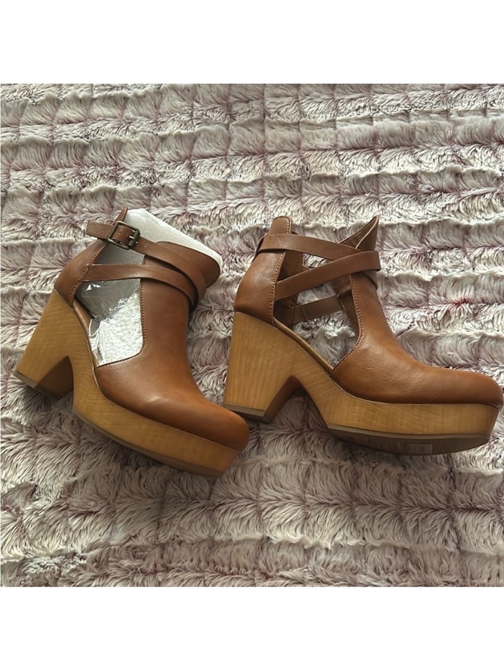 Bamboo Women's Tan Platform Cutout Heel Boots